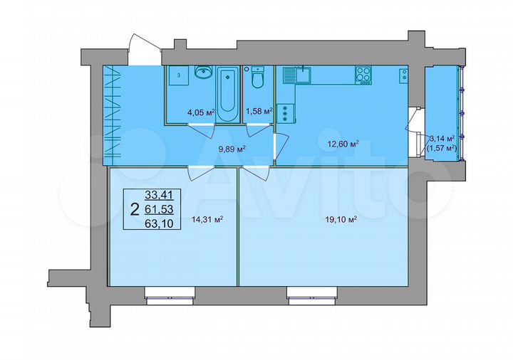 2-к. квартира, 63,1 м², 9/9 эт.