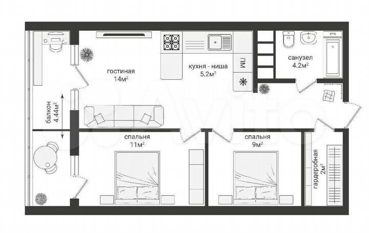2-к. квартира, 59 м², 13/22 эт.