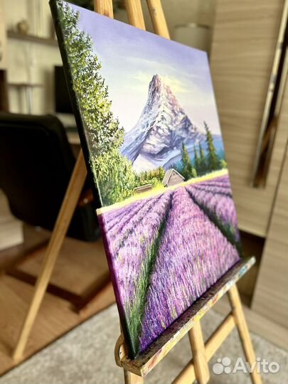 Картина маслом на холсте пейзаж горы и лаванда