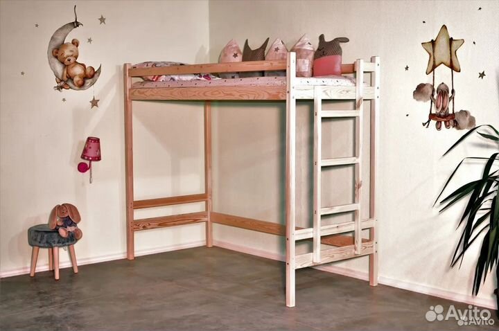 Детская кровать чердак, массив сосны, один борт