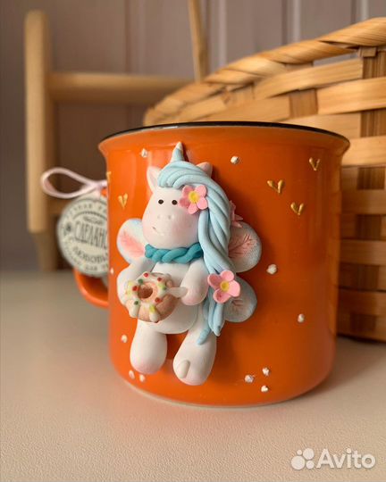 Кружка с декором из полимерной глины «Единорог»