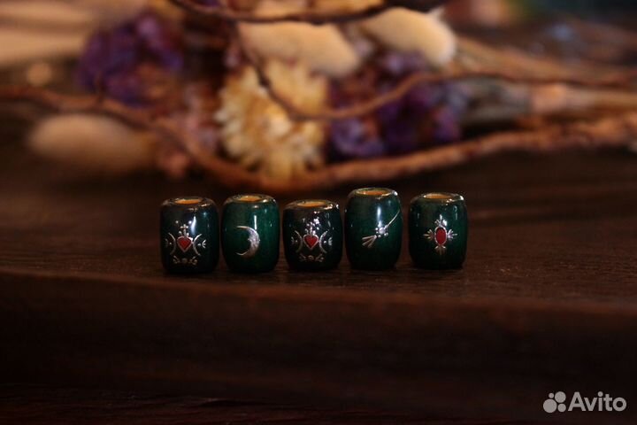 Бусины для дредов сет из 5шт, зеленый, изумрудный