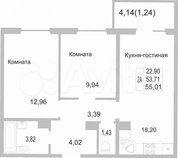 2-к. квартира, 55 м², 6/9 эт.