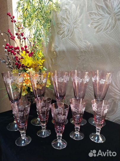 Наборы фужеров, цветное стекло. Винтаж СССР
