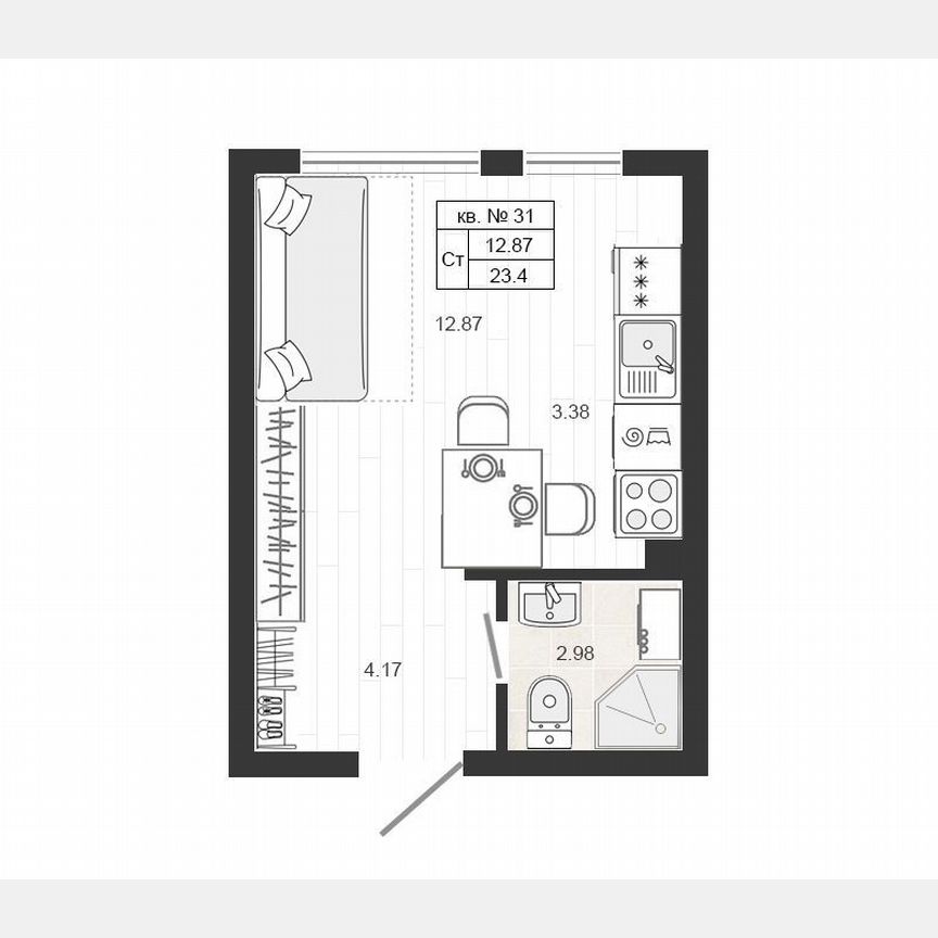 1-к. квартира, 23,4 м², 4/4 эт.