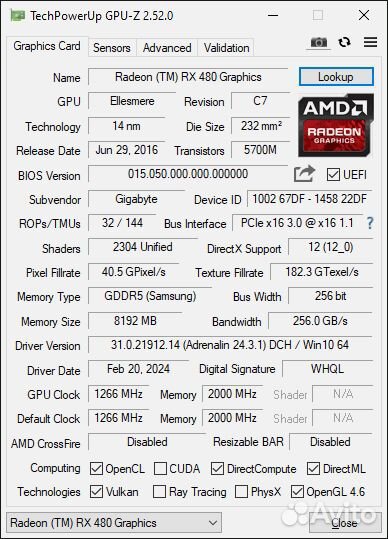 Gigabyte AMD Radeon RX 480 WindForce 8GB