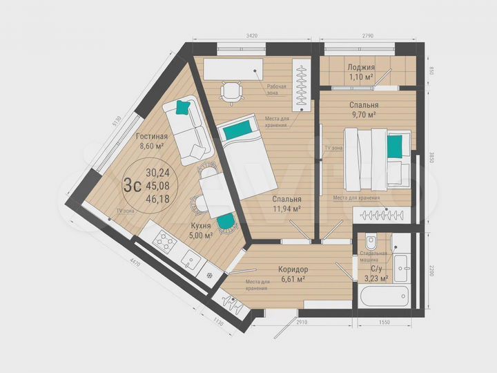3-к. квартира, 46,2 м², 4/27 эт.