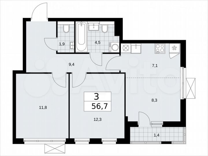 3-к. квартира, 56,7 м², 6/17 эт.