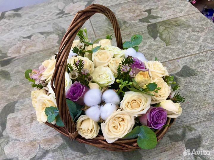 Корзина из Роз с Хлопком с Доставкой