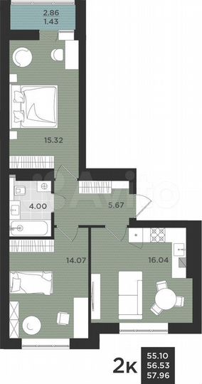 2-к. квартира, 58 м², 9/9 эт.