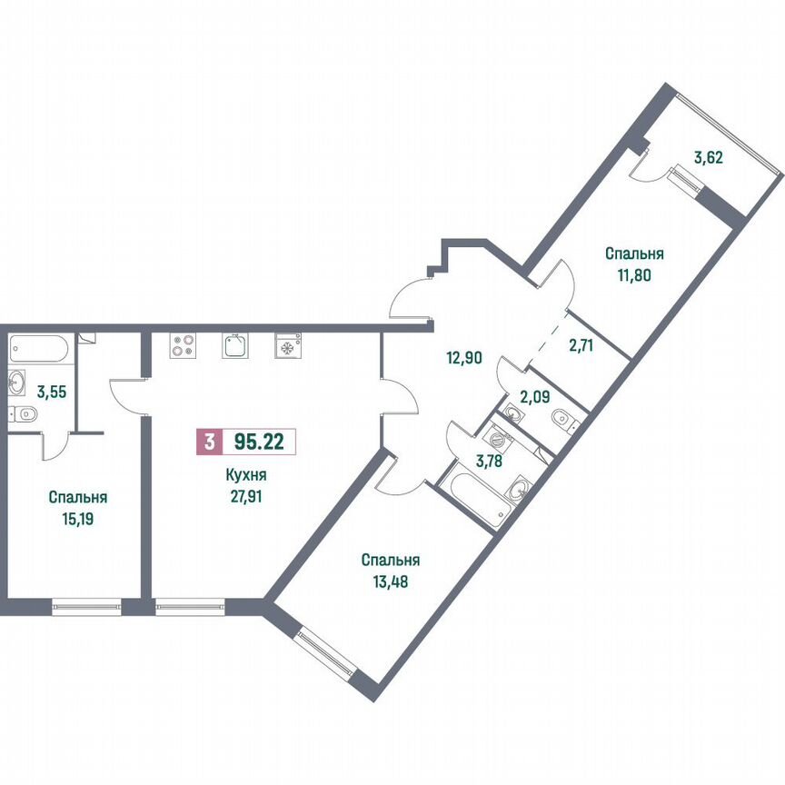 3-к. квартира, 95,2 м², 2/16 эт.