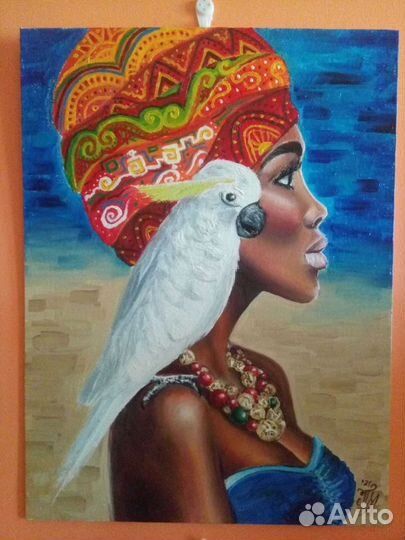 Женщина с белым попугаем картина маслом