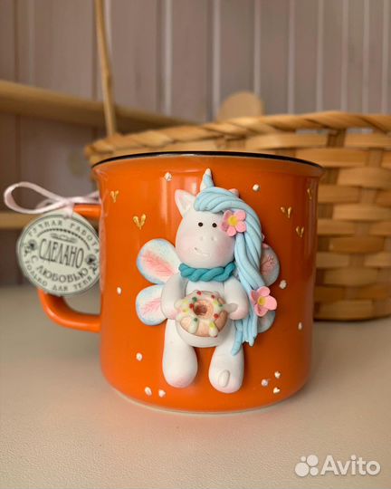 Кружка с декором из полимерной глины «Единорог»