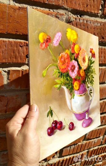 Картина с цветами и вишней маслом 30х30