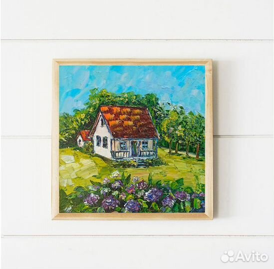Картина домик с цветами маслом гортензии 24х24 см