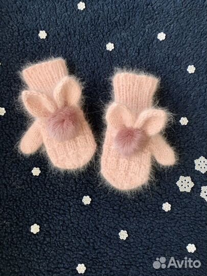 Варежки - Зайчики детские,пуховые,вязаные