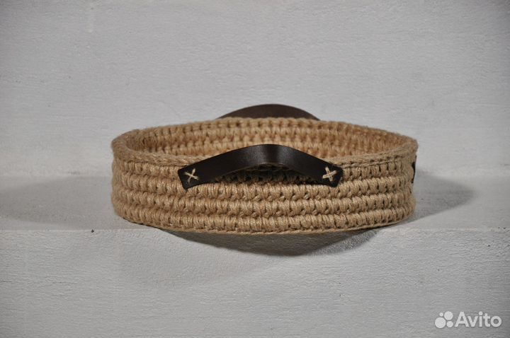 Джутовый поднос для сервировки с кожаными ручками