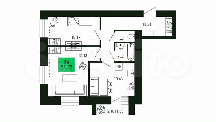 2-к. квартира, 51,2 м², 7/16 эт.