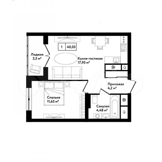 1-к. квартира, 40 м², 3/25 эт.