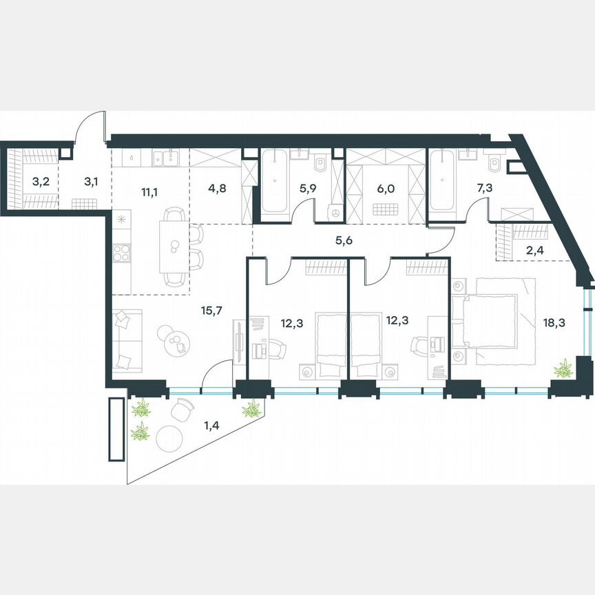 4-к. квартира, 109,4 м², 2/19 эт.