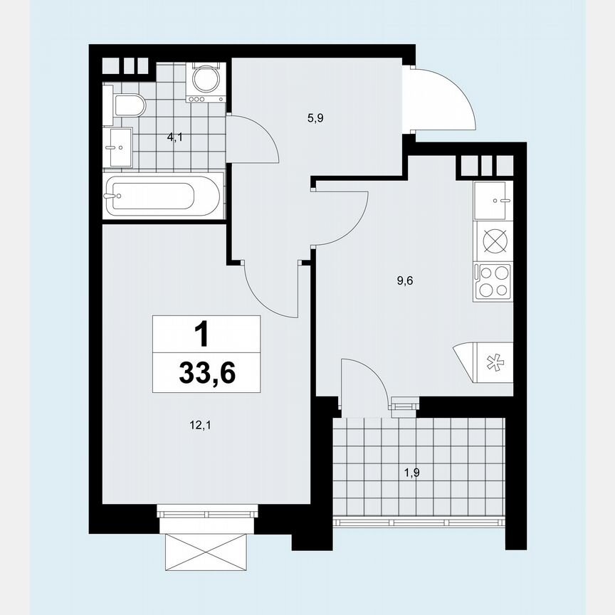 1-к. квартира, 33,6 м², 2/12 эт.