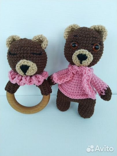 Вязаные погремушки. Зайчик. Мишка. Жирафик