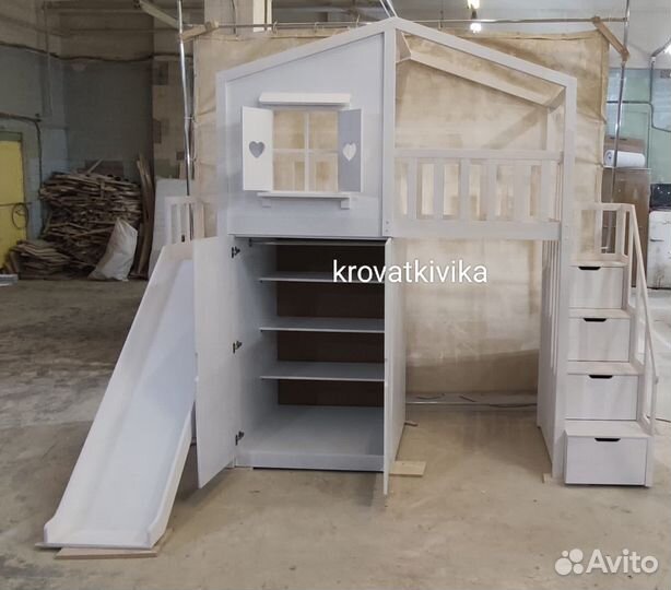 Комплект: детская кровать чердак, горка, шкаф