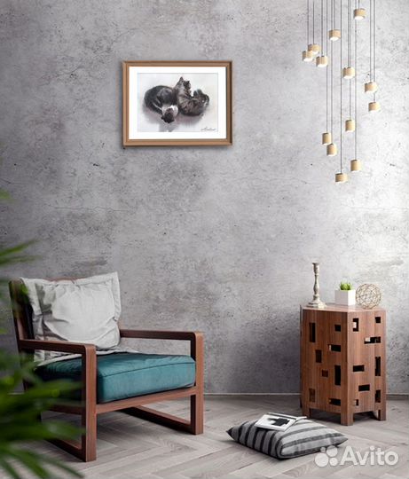 Картина акварелью. Спящая пара кота и кошки