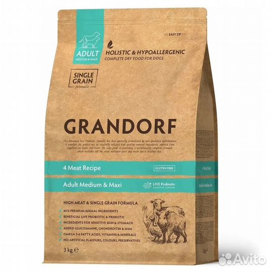 Корм д/собак средних и крупных,Grandorf,4 мяса 3кг
