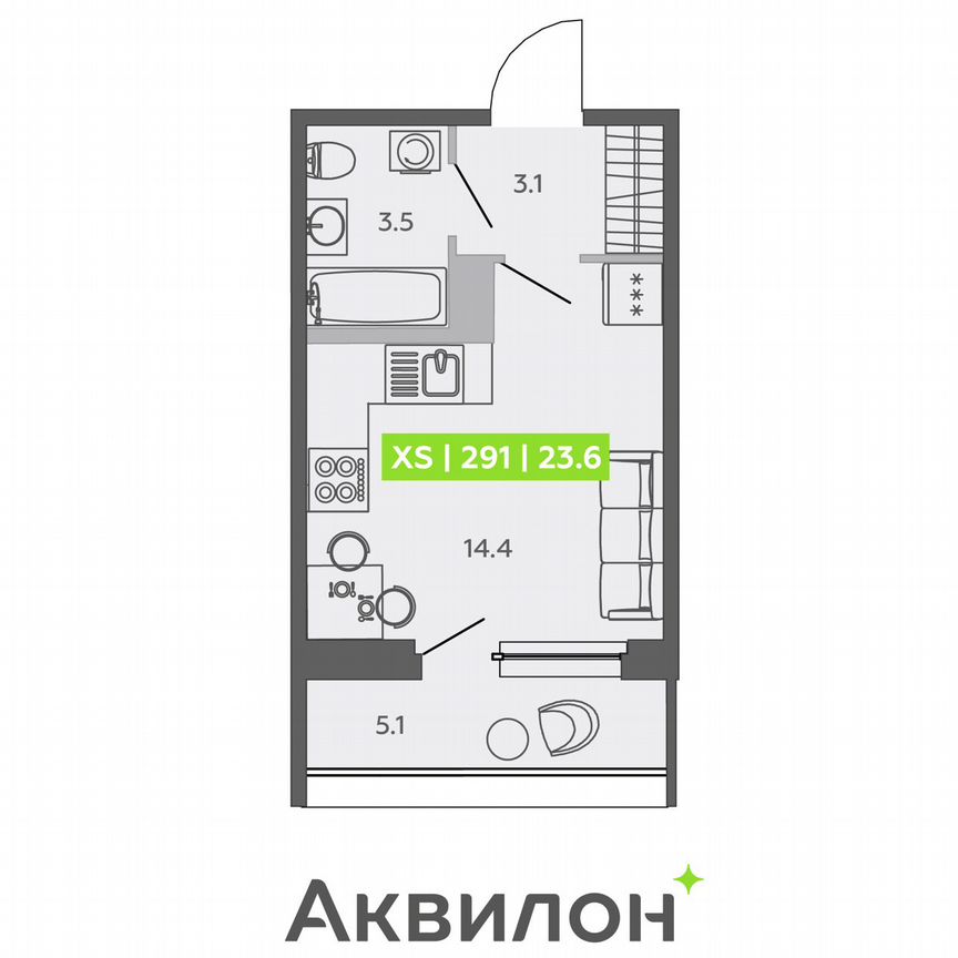 Квартира-студия, 23,6 м², 12/13 эт.