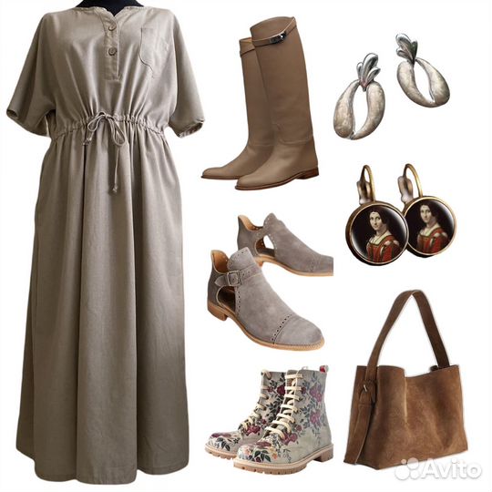 Платье хлопок лен бежевое