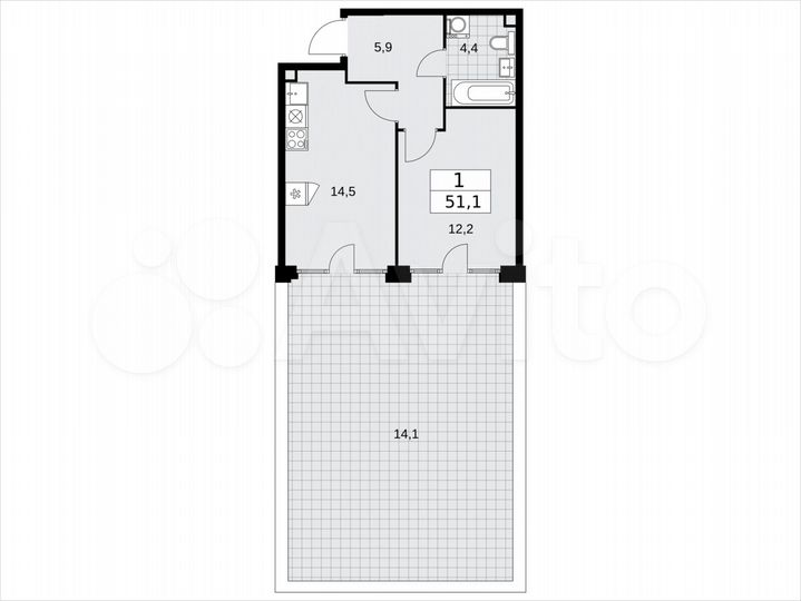 1-к. квартира, 51,1 м², 2/15 эт.