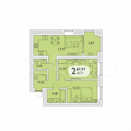 2-к. квартира, 68 м², 8/9 эт.