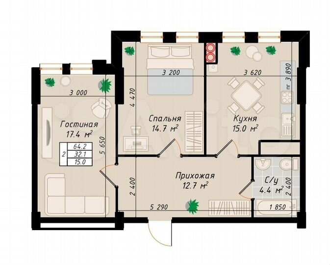 2-к. квартира, 64,2 м², 1/10 эт.
