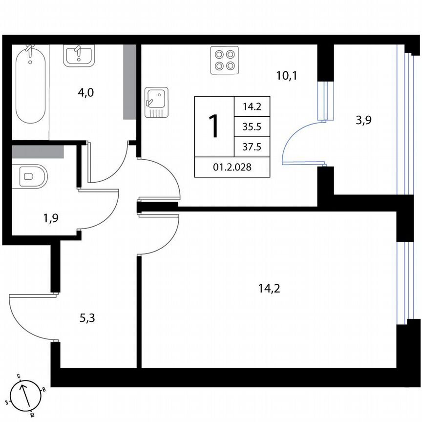 1-к. квартира, 37,5 м², 2/3 эт.