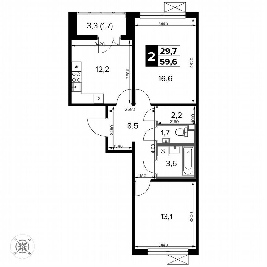 2-к. квартира, 59,6 м², 10/15 эт.