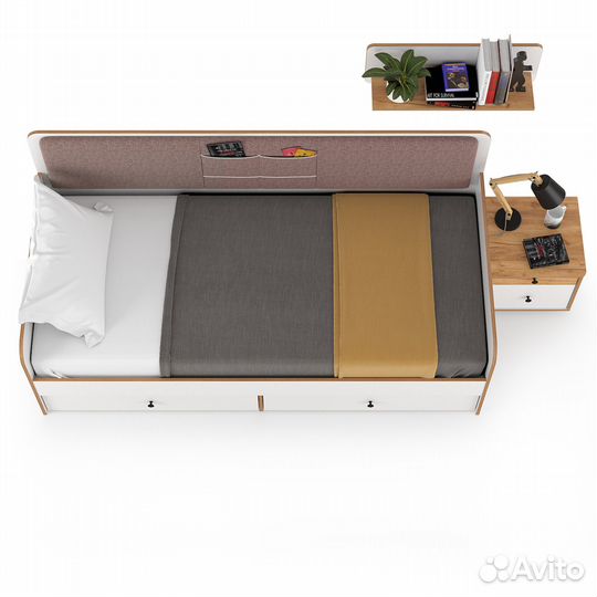 Молодёжная кровать с ящиками Вуди с тумбочкой и полкой, цвет белый премиум/дуб крафт золотой/саванна