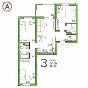3-к. квартира, 86,4 м², 12/16 эт.