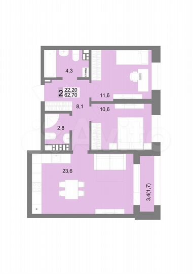 2-к. квартира, 62,7 м², 5/17 эт.