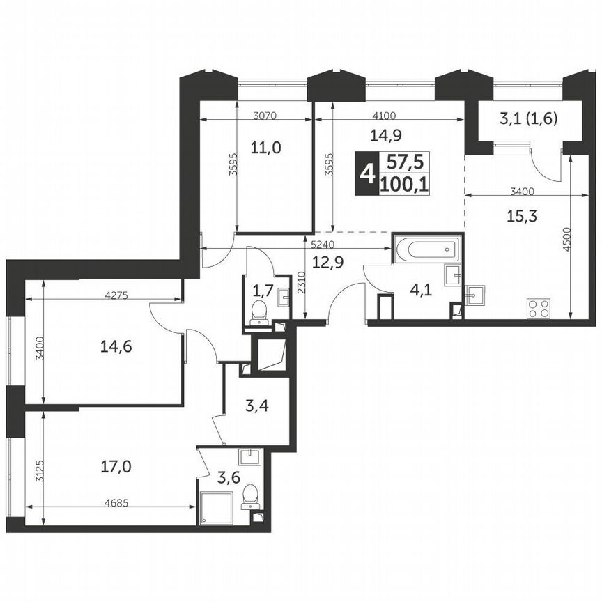 3-к. квартира, 100,1 м², 30/30 эт.