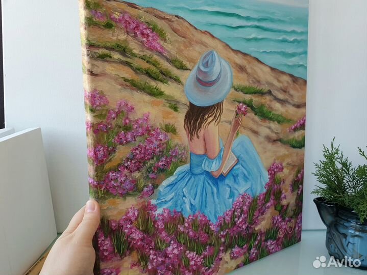 Картина с Девушкой лавандой и морем 50х40см масло