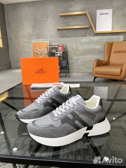 Кроссовки мужские Hermes натуральная кожа серые