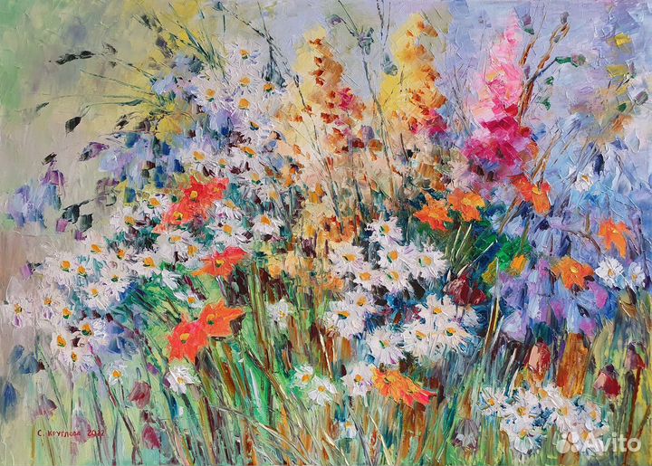 Картины маслом колокольчики ромашки розы 50/70