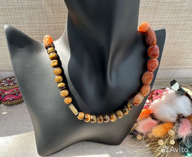 Бусы ожерелье сердолик карамельки тигровый глаз