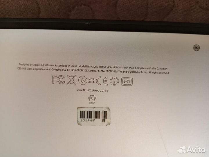 Модель: Apple MacBook Pro A1286 Mid2010