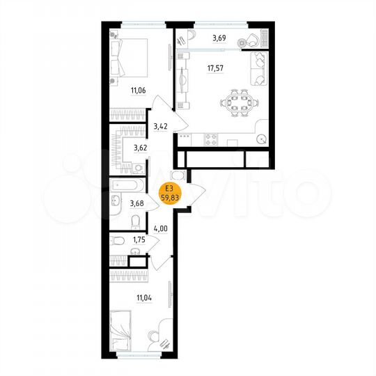 2-к. квартира, 59,8 м², 20/25 эт.