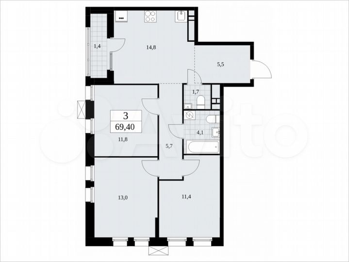 3-к. квартира, 69,4 м², 14/18 эт.