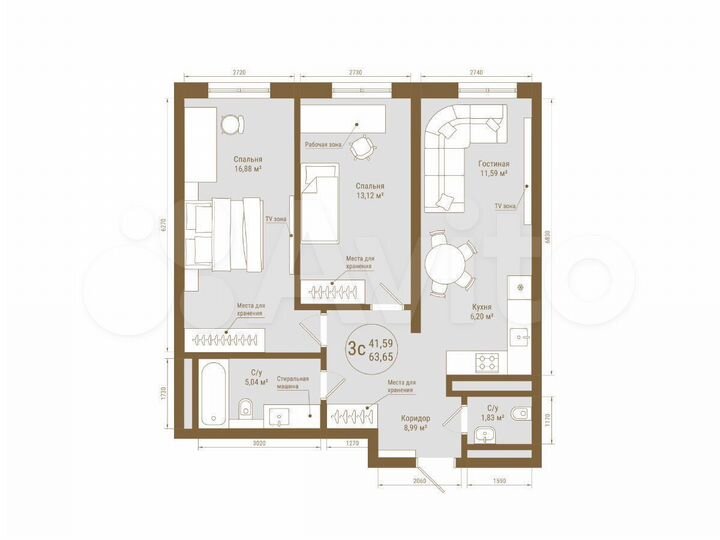 3-к. квартира, 63,7 м², 12/25 эт.