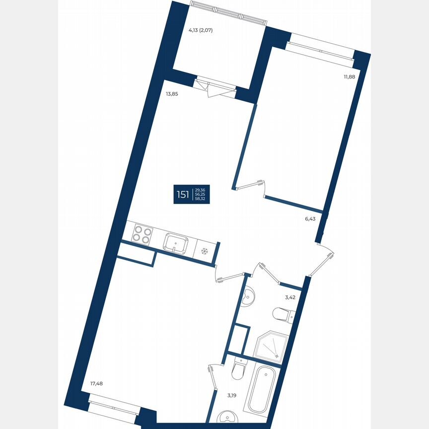 2-к. квартира, 58,3 м², 10/12 эт.
