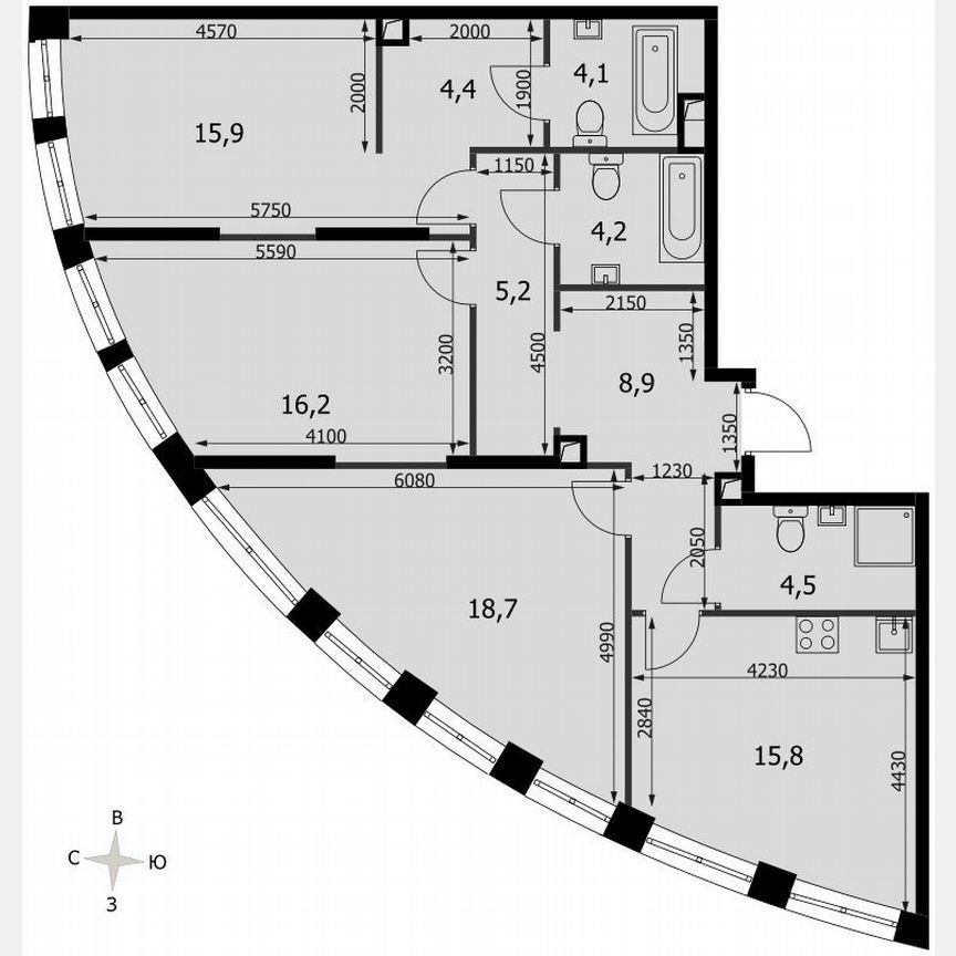 3-к. квартира, 97,9 м², 41/44 эт.
